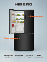 Холодильник Hiberg i-RFQ 705 Xd, No Frost, Side by Side, четырехдверный, инверторный, черный базальт